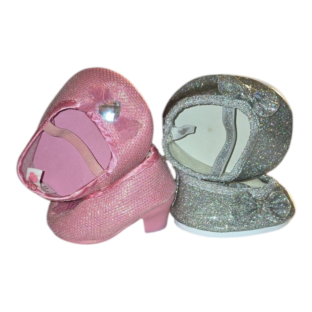 2 Pairs Build A Bear Shoes BAB Silver Sparkle Flats•Pink Tulle Rhinestone Heels